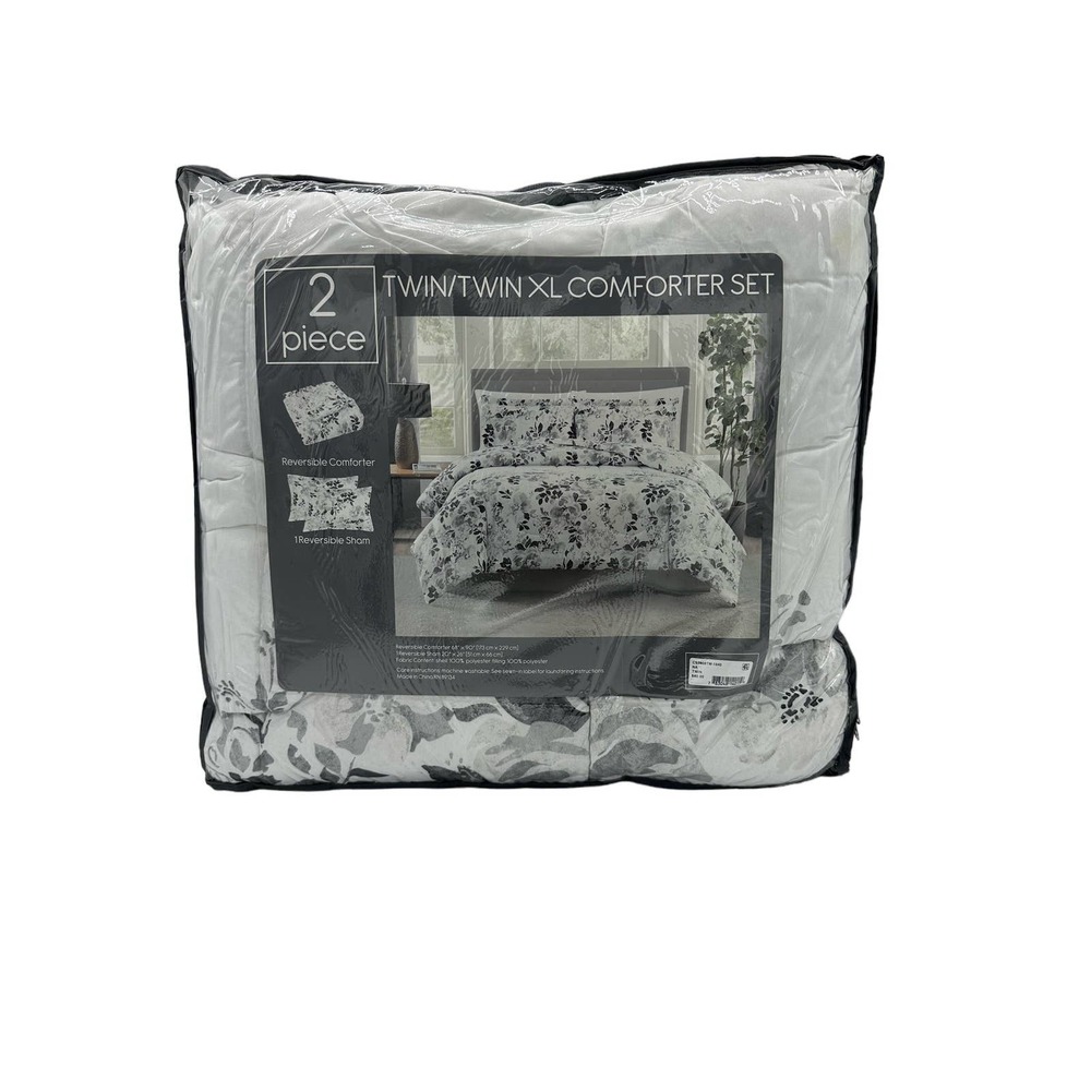 Pem America, Black and White 2-Pc. Floral-Print Twin Comforter Set